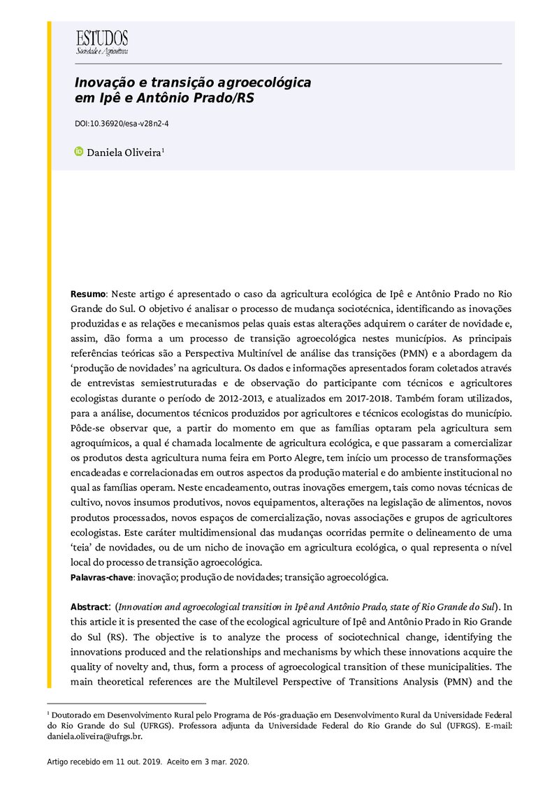 Inovação e transição agroecológica em Ipê e Antônio Prado/RS